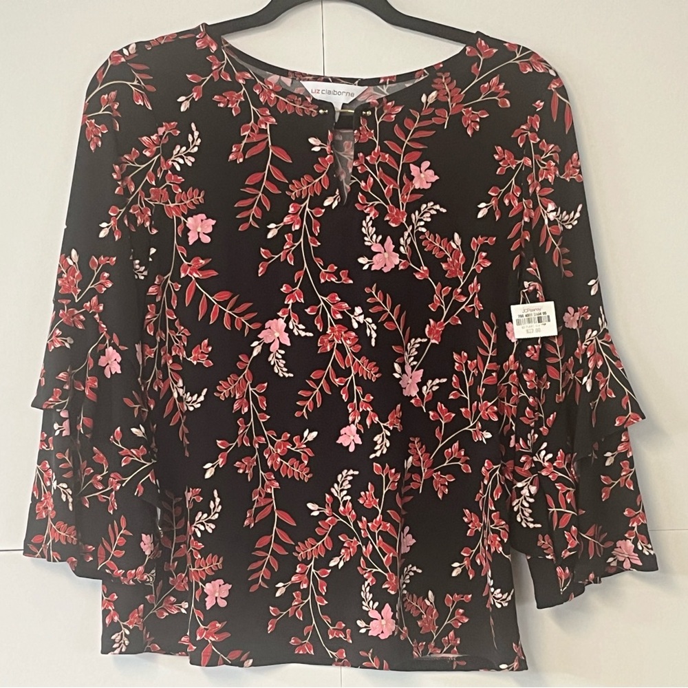 NEW Liz Claiborne black/floral flare long sleeve top. Size PS (Petite Small)